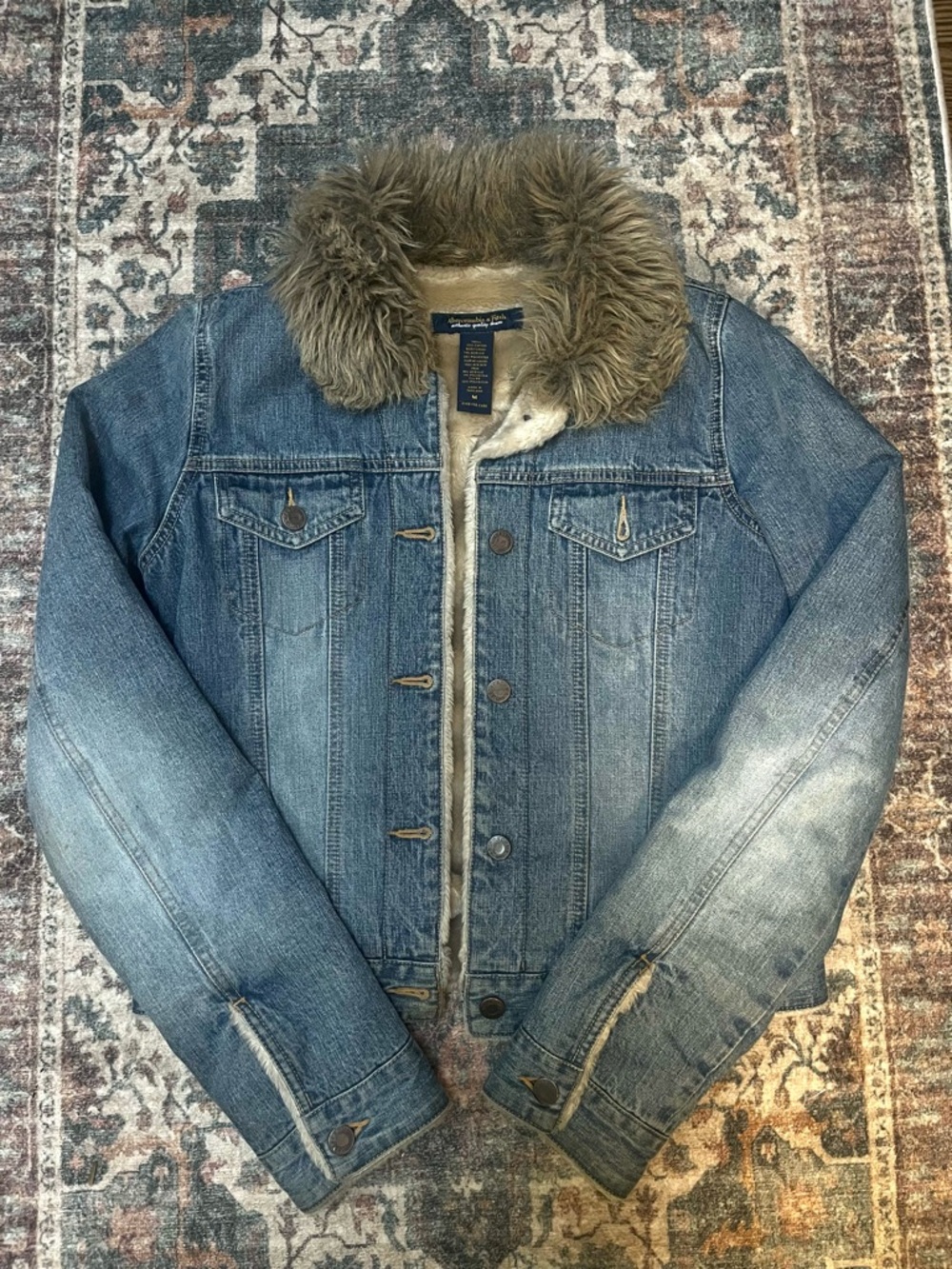 Abercrombie & Fitch Blue Denim Jacket with Faux Fur Collar